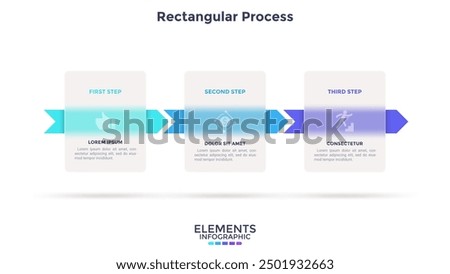 Progress bar with 3 arrows behind translucent rectangular elements placed in horizontal row. Concept of three steps to business success. Minimal infographic design template. Flat vector illustration.