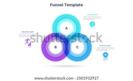 Venn diagram with three overlapping translucent round elements. Concept of 3 areas or fields of business analysis. Minimal infographic design template. Modern flat vector illustration for banner.