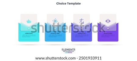 Business model with 4 cards behind translucent squares placed in horizontal row. Concept of four business messages to choose. Simple infographic design template. Modern flat vector illustration.