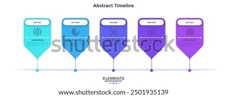 Horizontal timeline with five pointer-like elements. Concept of 5 milestones of company development process. Minimal infographic design template. Flat vector illustration for data visualization.