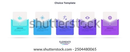 Business model with 5 cards behind translucent squares placed in horizontal row. Concept of five business messages to choose. Simple infographic design template. Modern flat vector illustration.