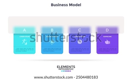 Business model with 4 cards behind translucent rectangular element placed in horizontal row. Concept of four features of company. Simple infographic design template. Modern flat vector illustration.