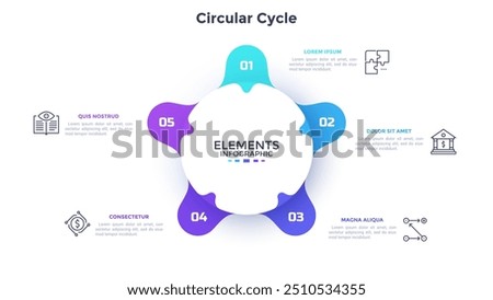 Circular flower petal diagram with five elements. Concept of 5 features of startup project cycle. Modern infographic design template. Simple flat vector illustration for business data visualization.