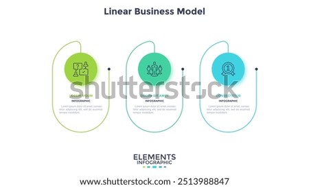 Three circular elements placed in horizontal row. Concept of 3 steps of startup project development. Flat infographic design template. Simple vector illustration for business data visualization.