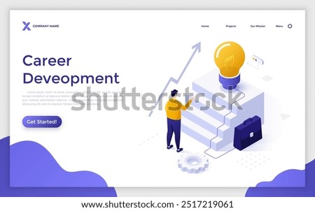 Man employee standing in front of staircase with lightbulb on top. Career development landing page isometric template. Corporate worker growth on position creative 3d vector illustration for web page