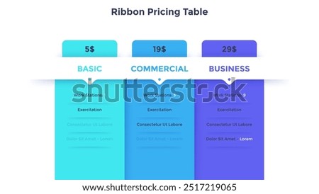 Ribbon pricing table for service choosing infographic chart design. Actual tariffs for customer comparison rectangle infochart. Subscription plan with 3 options. Expenses for service vector template