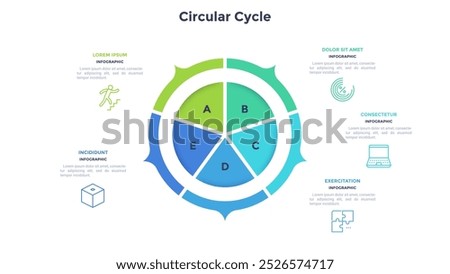 Ring-like pie diagram divided into five sectors with pointers. Concept of 5 features of startup project. Simple flat infographic template. Modern vector illustration for data visualization report.