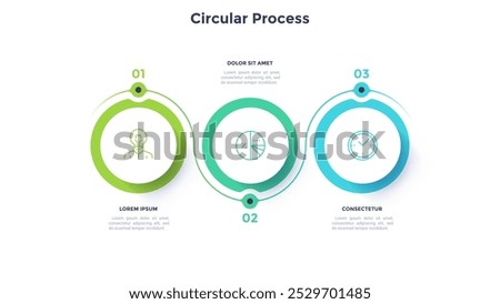 Three round paper white elements with linear symbols inside, translucent line curving around it and text boxes. Concept of 3 steps to business growth. Infographic design template. Vector illustration.