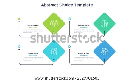 Rectangular comparison diagram divided into 4 parts. Concept of business model with four options to choose or select. Modern flat infographic vector illustration for data visualization, presentation.