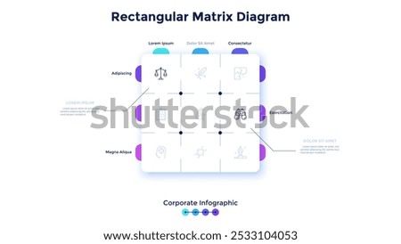 Matrix diagram with 9 square cells arranged in rows and columns. Table or scheme with nine business features to select. Corporate infographic design template. Flat vector illustration for banner.