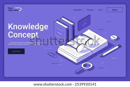 Opened book with glasses, magnifier and pencil on purple background. Knowledge concept isometric landing page template. Learning information 3d vector illustration for web page