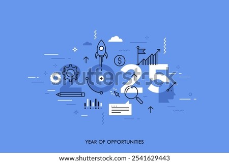 Infographic concept 2025 year of opportunities. New trends and prospects in startups, business development, profit growth strategies. Plans and expectations. Vector illustration in thin line style.