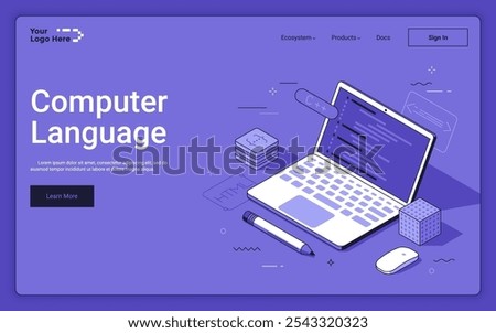 Laptop with code samples on screen on purple background. Computer language isometric landing page template. Software development tools variations 3d vector illustration for web page