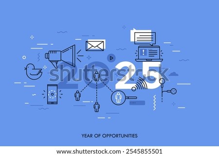 Infographic banner, 2025 - year of opportunities. Trends, predictions and expectations in social media technologies, networks, mobile apps, internet messengers. Vector illustration in thin line style.