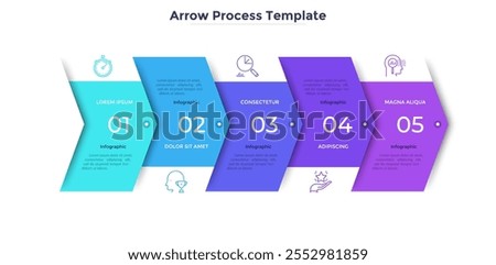 Horizontal progress bar with 5 overlapped arrow-like elements. Concept of 5 steps of business strategy and development. Clean infographic design template. Modern vector illustration for presentation.