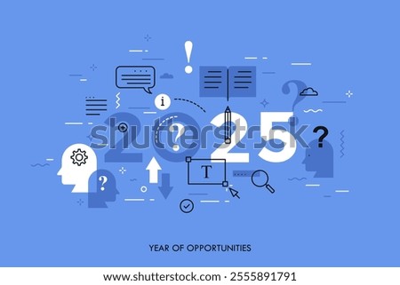 Infographic concept, 2025 - year of opportunities. New trends and predictions in consulting services, business problems solving, client support management. Vector illustration in thin line style.