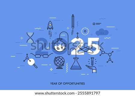 Infographic concept, 2025 - year of opportunities. Trends and predictions in science, education, scientific studies and discoveries, research, development. Vector illustration in thin line style.