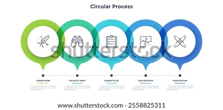 Horizontal timeline with 5 round pointer-like elements. Concept of five milestones of company's development history. Abstract infographic design template. Modern vector illustration for presentation.