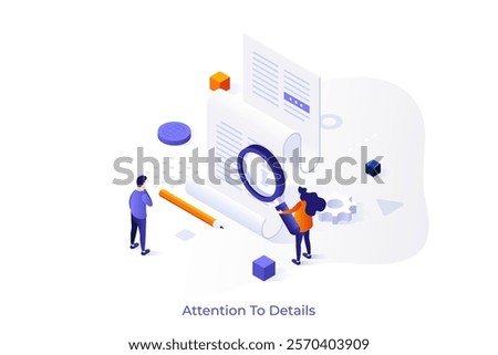 Attention to Details isometric conceptual template. Checkout of article before publishing vector illustration for webpage design. Information performance control. Web application development