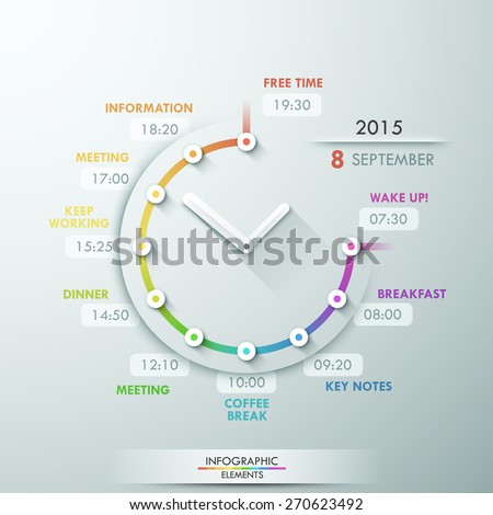 Modern infographic timeline with crative clock for 10 steps. Vector. Can be used for web design and  workflow layout