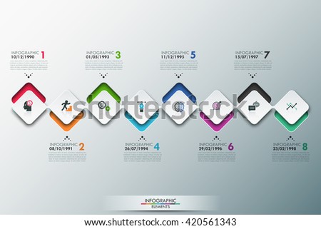 Modern infographics process template with connected paper rectangle sheets, icons and text for 8 steps. Vector. Can be used for web design, timeline and workflow layout