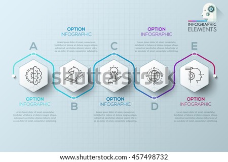 Modern infographics process template with paper sheets, polygons with rounded corners, icons and text for 5 steps. Vector. Can be used for web design, timeline and workflow layout