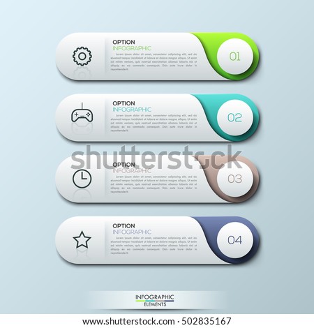 Infographic design template with 4 separate numbered rounded rectangles. Game setup user manual. Gaming application development concept. Vector illustration for website, mobile app, presentation.