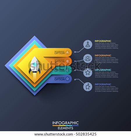 Infographic design template with 4 squared layers and space rocket take off in center on dark background. Steps of startup launch business concept. Vector illustration for website, presentation.