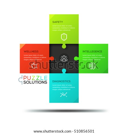 Infographic design template, jigsaw puzzle in shape of equilateral cross divided into 4 pieces. Medical care, humanitarian aid and healthcare service concept. Vector illustration for report, poster.