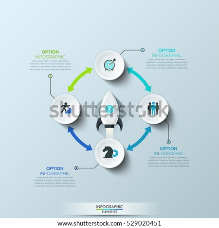 Infographic design template: 4 circular elements connected by double-headed arrows and space shuttle taking off on mission in center. Four steps to startup launch. Vector illustration for website, ad.