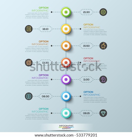 Modern infographic design template, 7 circular elements connected with text boxes by dotted lines. Week schedule and daily appointments planner concept. Vector illustration for internet blog, website.