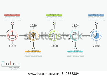 Horizontal timeline with 5 round elements, time indication, pictograms and text boxes. Creative infographic design layout. Daily appointments planning concept. Vector illustration in thin line style.