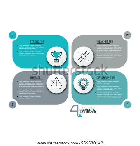 Creative infographic design template, 4 rectangle text boxes with pictograms. SWOT-analysis. Strengths, weaknesses, threats and opportunities of company. Vector illustration for presentation, report.