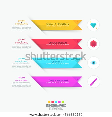 Modern infographic design template. Four colorful rectangular elements placed one above other, text boxes and pictograms. Steps of creative process concept. Vector illustration for website, banner.