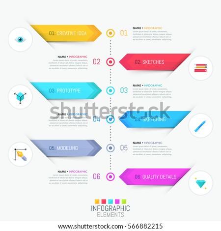 Modern infographic design template. Six numbered multicolored stripes, text boxes and pictograms. Timeline or website menu concept. Vector illustration for presentation, banner, report, brochure.