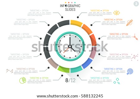 Colorful infographic design template, clock surrounded by 12 sectoral elements connected with text boxes and thin line icons. Task management, circular daily planner concept. Vector illustration.