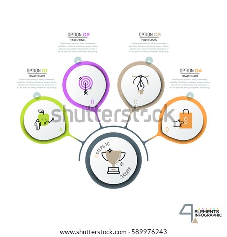 4 circular elements and pictograms in thin line style connected with main element and text boxes. Creative infographic design layout. Four steps to goal achievement. Vector illustration for report.