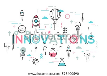 Innovations, innovative ideas, devices and methods, effective solutions and inventions. Modern Infographic banner with elements in thin line style. Vector illustration for presentation, website.