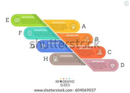 Simple infographic design template with colorful rounded elements divided into 8 lettered parts. Eight features of business process concept. Vector illustration for website, presentation, report.
