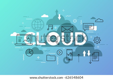 Modern infographic banner with elements in thin line style. Data storage, file download and upload, cloud computing services and technology concept. Vector illustration for presentation, website.