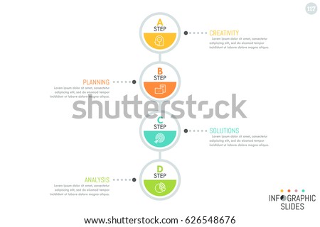 Vertical diagram, 4 connected round elements with letters, icons inside and text boxes. Minimalist infographic design layout. Four successive steps to goal achievement concept. Vector illustration.