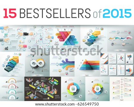 Huge collection of 15 creative infographic business design templates, bestsellers of 2015, elements for graphs, diagrams, schemes. Vector illustration for website, report, presentation, brochure.