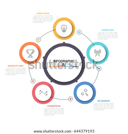 Five connected colorful circles with thin line symbols inside placed around central round element. Visualization of cyclic process concept. Simple infographic design layout. Vector illustration.