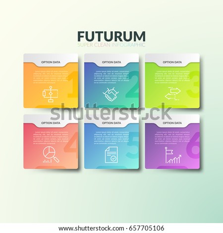 Six separate multicolored rectangular elements with numbers, thin line icons and place for text. Concept of 6 business options to choose. Futuristic infographic design template. Vector illustration.