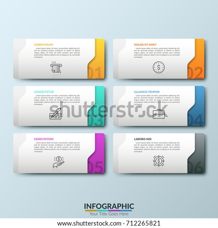 Six white separate rectangular elements with numbers, thin line symbols and place for text inside. Concept of 6 business options to choose. Futuristic Infographic design template. Vector illustration.