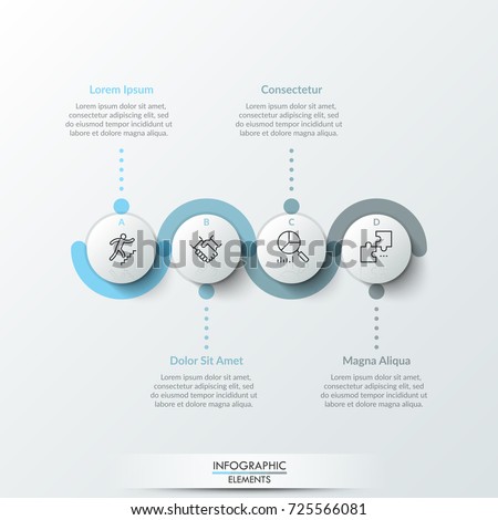 Four round paper white elements with linear symbols inside, translucent line curving around it and text boxes. Concept of 4 steps to business growth.