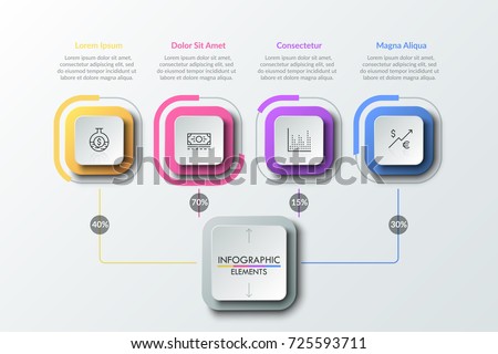 Four linear pictograms inside colorful squares connected with main element by lines with percentage indication. Flowchart. Creative vector illustration for presentation, statistical report, brochure.