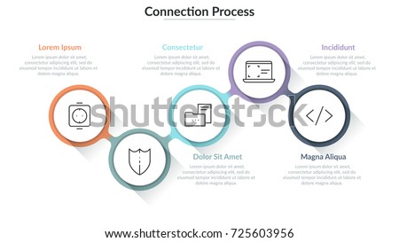 Five round elements with thin line icons inside connected into chain and text boxes. Concept of process with 5 successive steps. Simple infographic design template. Vector illustration for report.