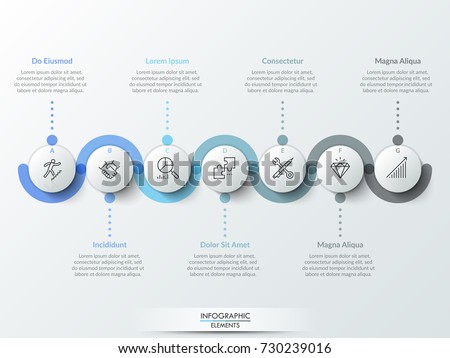 Seven round paper white elements with linear symbols inside, translucent line curving around it and text boxes. Concept of 7 steps to business growth. Infographic design template. Vector illustration.