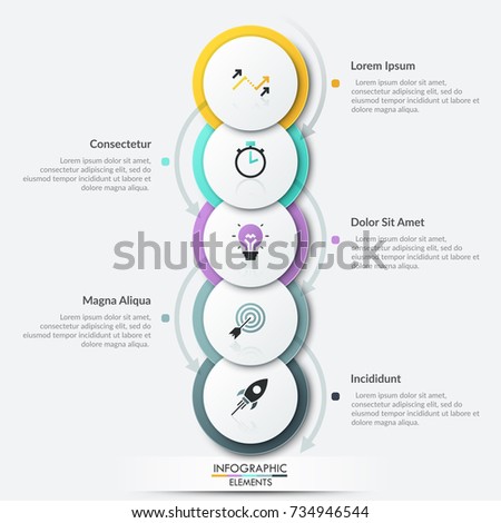 Five overlapped paper white round elements with thin line symbols inside surrounded by arrows and placed into vertical row. Unique infographic design layout. Vector illustration for brochure, report.